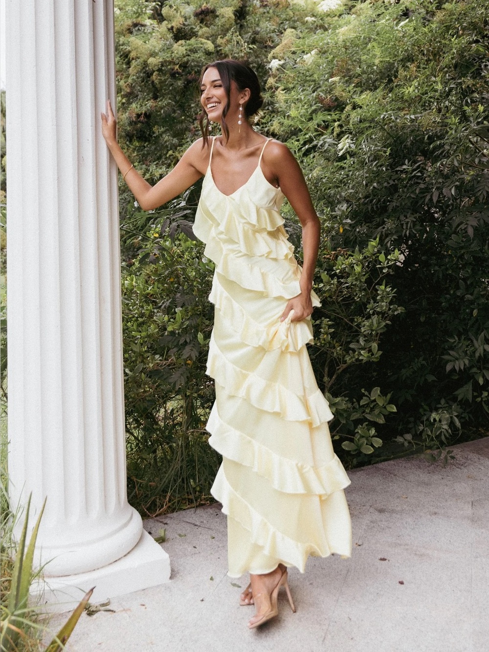 Spaghetti Strap Tiered Ruffle Maxi Dress in Pale Yellow- XS